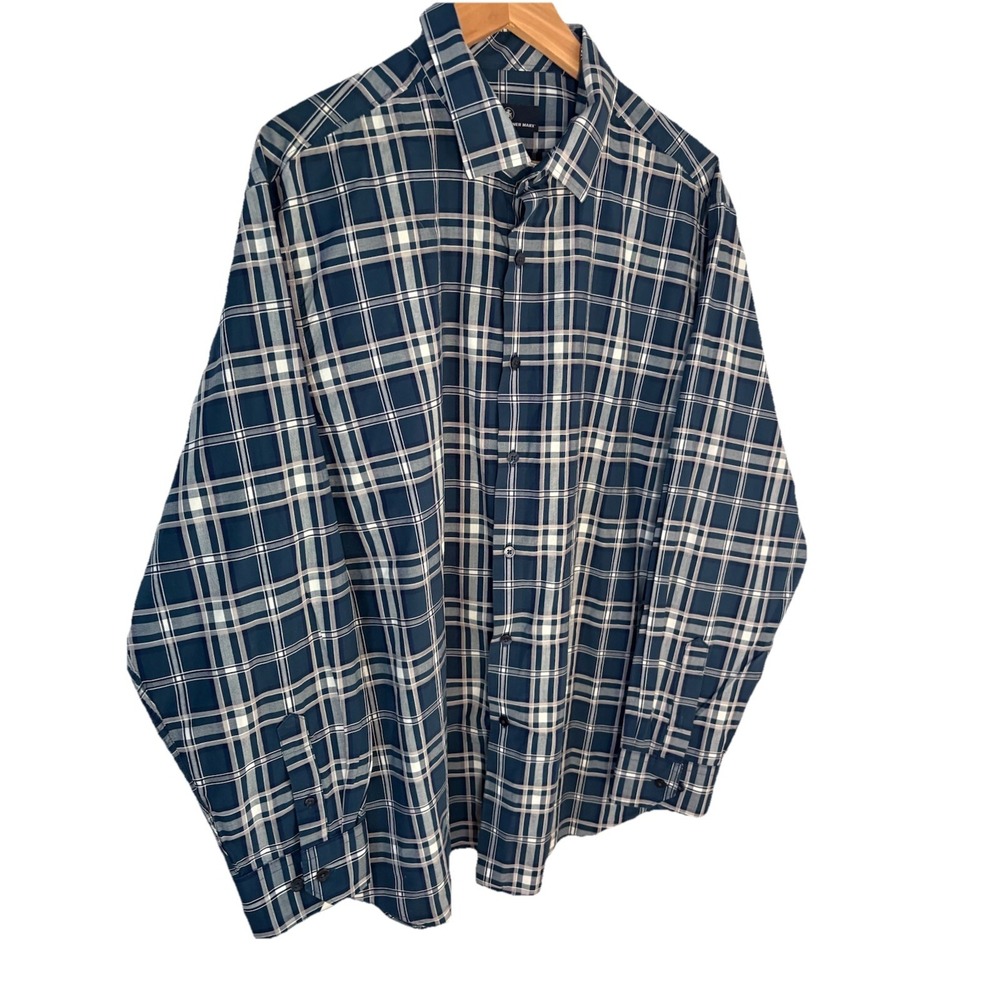 Hart Schaffner Marx XXL shirt Blue Plaid Long sleeve Point Collar 100% Cotton